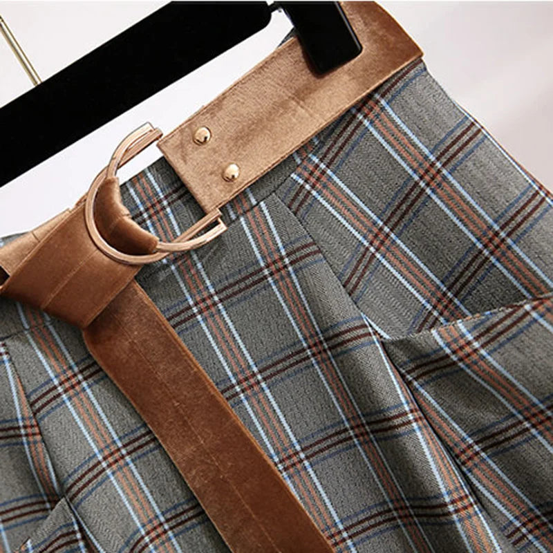 Plaid Vantage High Waist A-line Loose With Belt Pocket Women's Skirt Korean Fashion Mid-Calf Long Skirts For Women 2024 Spring.