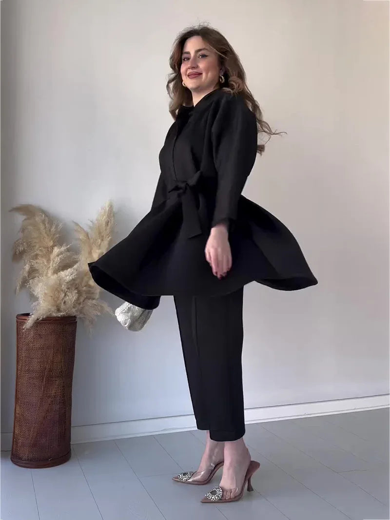 Ramadan Eid Muslim Two Piece Set Lace-up Long Shirt with Pants Women Suits Shirt Blouse Musulman Ensembles Islamic Dress Sets.