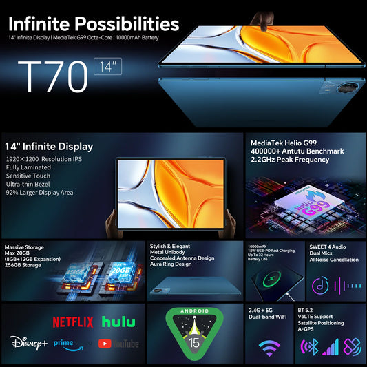 Teclast T70 14" Tablet Android 15 MTK G99 CPU Max 20GB (8GB+12GB Expansion) RAM 256GB ROM 4G LTE 10000mAh 18W Fast Charging GPS.