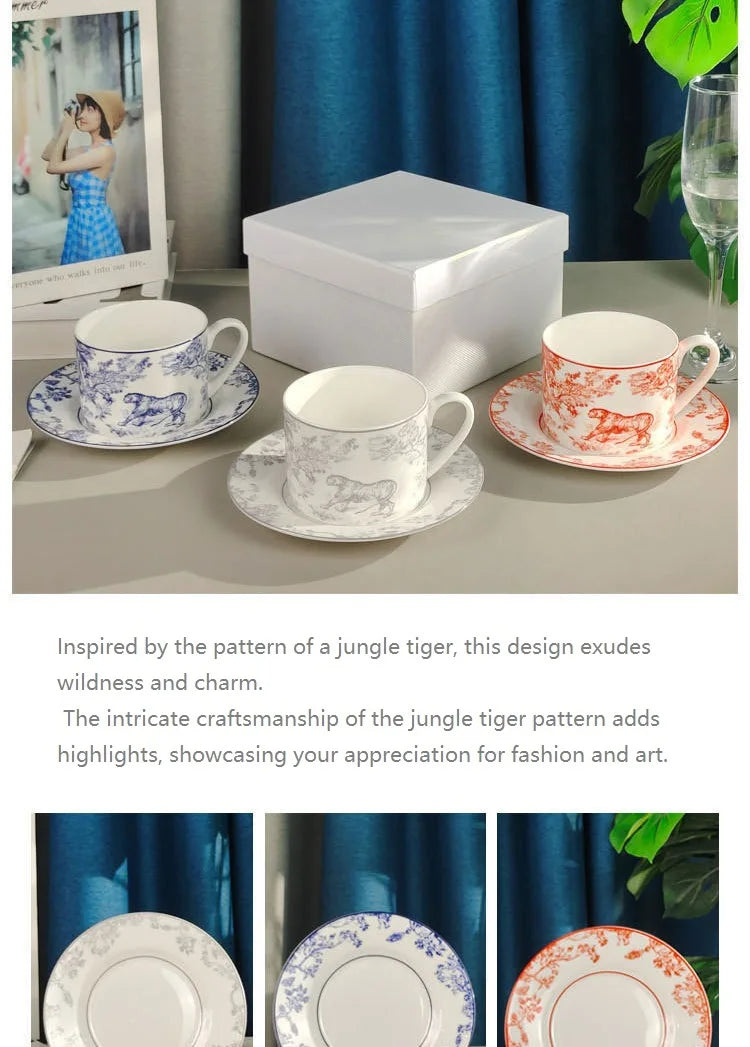 Red, Blue, Gray Tiger Series  Animal Images Bone Porcelain Coffee Cup Plate European Afternoon Tea Cup and Saucer Set Gift Box.