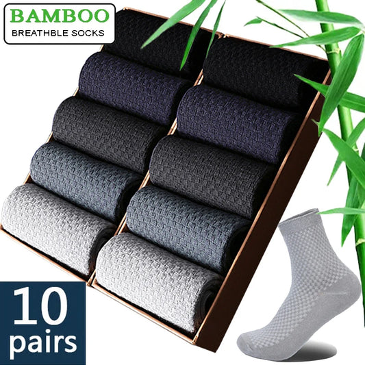10 Pairs/Lot Men's Bamboo Fiber Socks 2025 New Compression Autumn Long Black Business Casual Man Dress Sock Gift Plus Size 42-45.