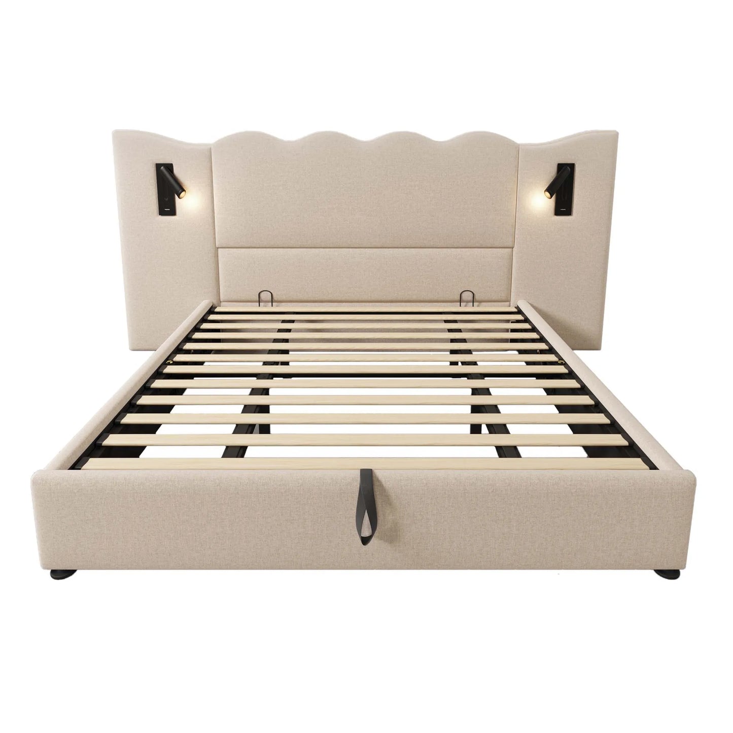 Merax Polsterbett 180x200 Leselampe USB Ladefunktion Stauraumbett Leinen Beige Holz Metall