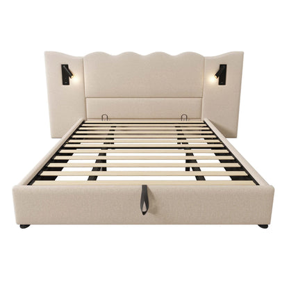 Merax Polsterbett 180x200 Leselampe USB Ladefunktion Stauraumbett Leinen Beige Holz Metall