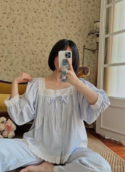 Sweet Spring Autumn Pure Cotton Women's Long Sleeve Pajama Set Loose Female Sleepwear Suits Royal Pyjama Home Wear Plus Size.