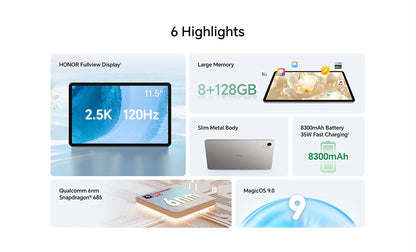 Global Version HONOR Pad Х9a Tablet android 11.5" 120Hz 2.5K HONOR Fullview Display 6GB+128GB Qualcomm 6nmSnapdragon 685.