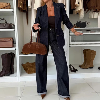 Women's Denim Style Long Sleeve Coat And Straight Pants Two-Piece Sets Autumn Winter Chic Outfit Turn-Down Collar Ladies Suits.