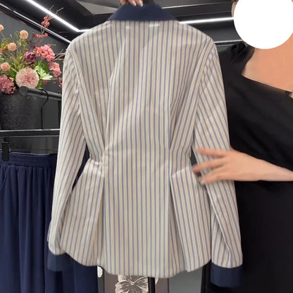 Temperament waist cinching slimming blue striped shirt spring 2025 new fat MM fashion contrasting long sleeved shirt.