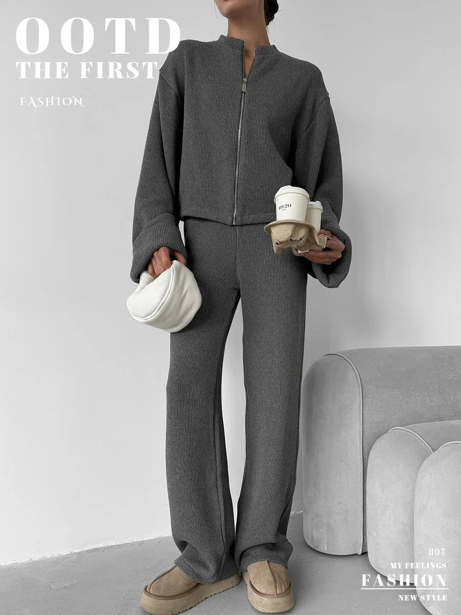 Knit Women 2 Piece Outfit Round Neck Zipper Loose Cuffs Cropped Coat For Lady Sporty Elatic Waist Autumn Female Wide Leg Pants