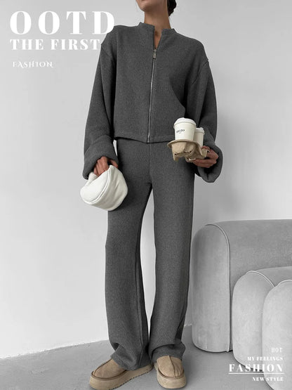 Knit Women 2 Piece Outfit Round Neck Zipper Loose Cuffs Cropped Coat For Lady Sporty Elatic Waist Autumn Female Wide Leg Pants