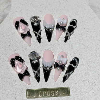 Black Pink Sweet French Almond Handmade Press On Nails Grid Polka Dot Love Skirt Ballet Fake Nails Princess Cute Bow Nail Art.