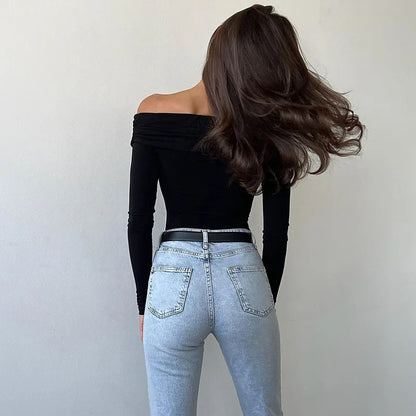 Autumn Bodysuits Women Sexy Off Shoulder Corset Slim Crossed Bodysuits Long Sleeves Casual Lady Fashion Streetwear Bodysuits.