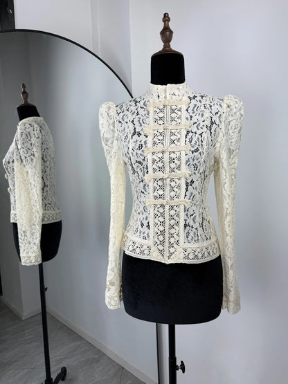 Tuularose Luxury Lace Blouse Fashion Lace Print Single Breasted Slim Shirt Vintage Elegant Party Looks Summer Women Blouse Tops.