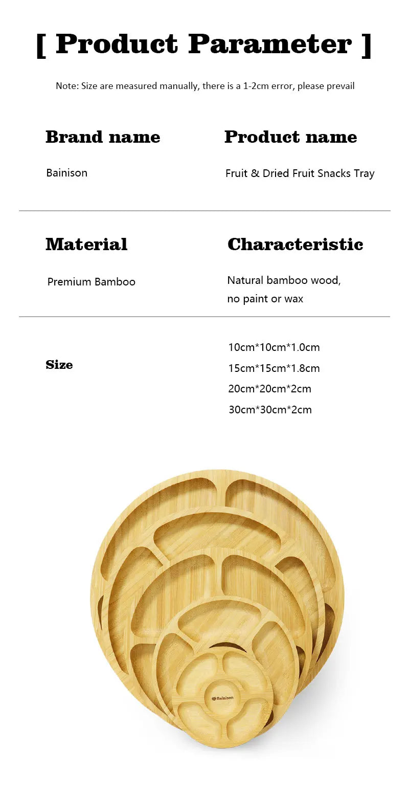 Bainison Bamboo Tray With Compartments-Snack Sorting Platter, Party Candy Buffet Display,Household Kitchen Outdoor Bamboo Tray.