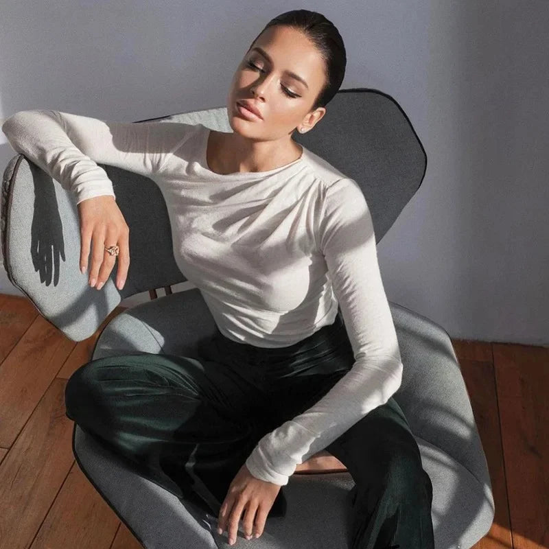 Langarm Top Weiße T-Shirts Frauen Basic Crop Top Herbst Pullover Solide Skew Neck T Shirt Streetwear Basic Schwarz Y2K Tees