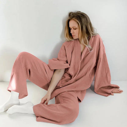 NHKDSASA Kimono Pajamas 2023 New 100% Cotton Crepe Long-Sleeved Trousers Ladies Sleepwear Suit Women's Home Service Mujer