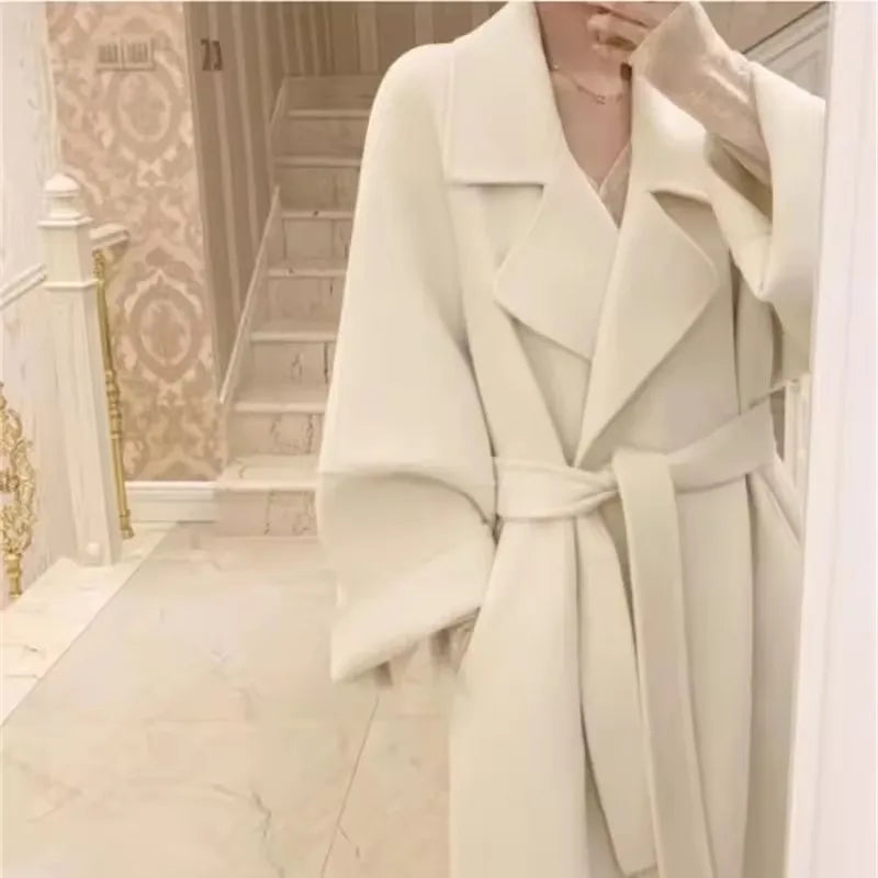 Mode Schwarz Lange Woolen Mantel Mit Gürtel Frauen Lose Revers Mantel Herbst Winter Warme Dame Oberbekleidung High Street.