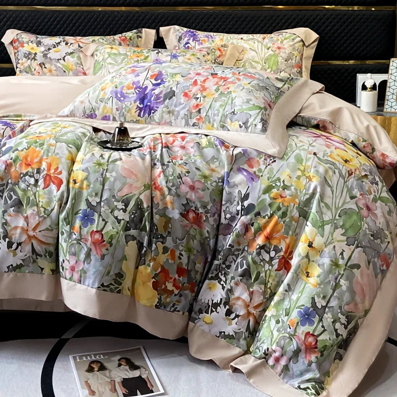 Floral Print 600TC Egyptian Cotton Bedding Queen King Comforter Cover Soft Duvet Cover Set Flat/Fitted Bed Sheet Pillowcases.