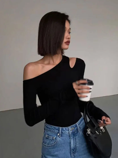 Fashion Skew Collar Off-shoulder Long-sleeved T-shirts Women Spring New Solid Slim Fit Crop Top Sexy Hollow Out Tees Shirts.