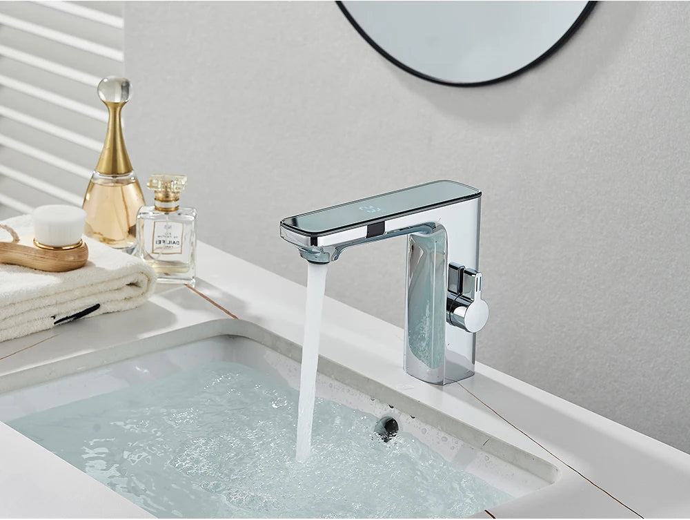 White Smart Sensor Basin Faucet Screen Digital Display Hot Cold Water Mixer Tap Touchless Vanity Sink Faucet For Bathroom