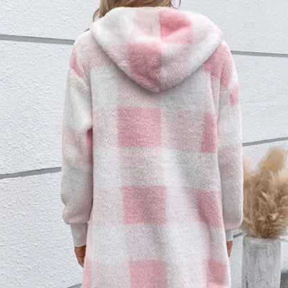 Frauen Herbst Winter Doppel Fleece Plaid Strickjacke Weiche Lose Lange Hülse Plüsch Warme Mit Kapuze Jacke Weibliche Patchwork Oberbekleidung Mantel