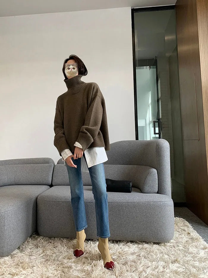 2023 Autumn and Winter New Thick  Sweater Women High Neck Pullover Sweater Warm Loose Knitted Base Sweater Jacket Tops