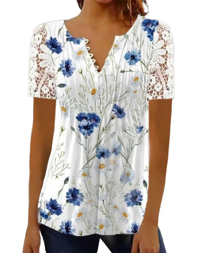 Summer Spring New Women's Loose and Comfortable Casual Lace V Neck Printed Blouse Floral Short Sleeve Elegant Fashion Shirt.