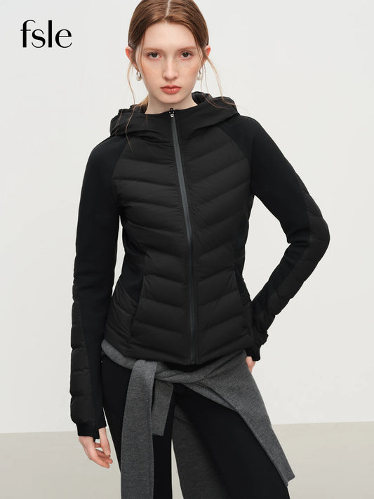 FSLE Patchwork Leichte Stretch-Strick-Kapuzenjacke 2025, Winter, Neuankömmling, schwarze kurze Daunenmäntel