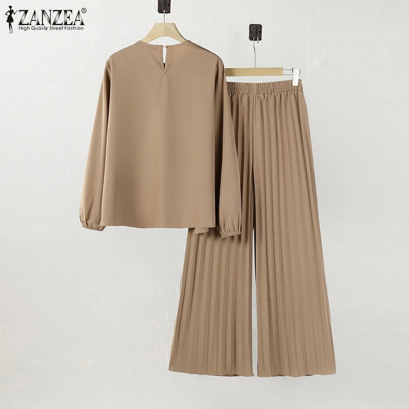 ZANZEA Muslim Sets Fashion 2pcs Women Long Sleeve Blouse Wide Leg Pant Sets Causal Spring Solid Work Outfits Islamic Clothing.