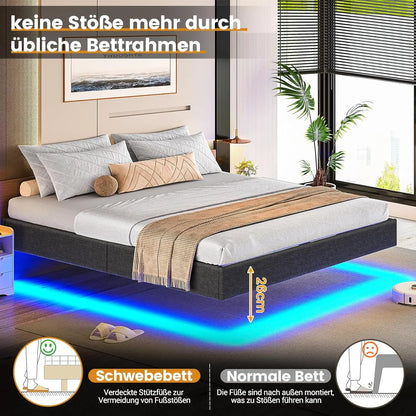 140 x 200 Lattenrost aus Holz mit LED-Beleuchtung, Plüsch, 140 x 200 cm, gepolstertes Bett, graues Leinen-Kopfteil, Schlafzimmermöbel