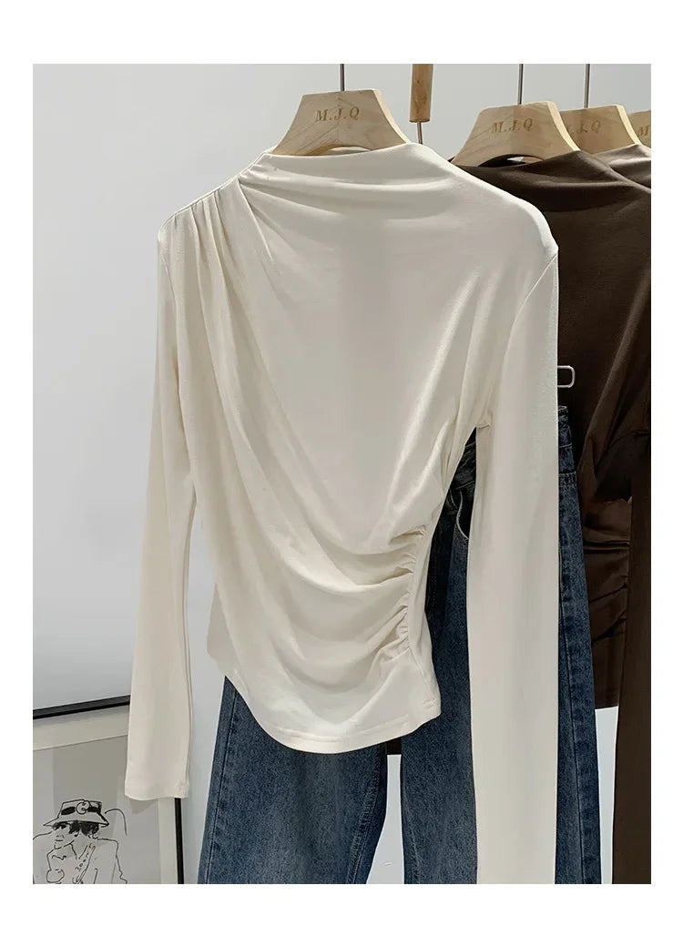 Early Autumn Pure Color High Neck Pleated Slim Fit Sexy Base Shirt Women's Fashionable Crew Neck T-shirt Full Sleeve China Origi.