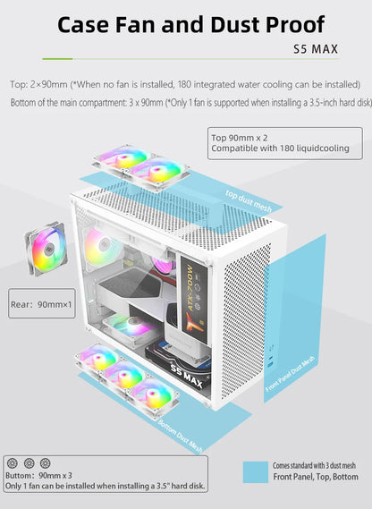 METALFISH S5 MAX Computer Case Gaming PC Chassis Support MATX/ITX 24.5*24.5cm SFX/ATX PSU 135 Mid Tower /180 WaterCooling Cooler.