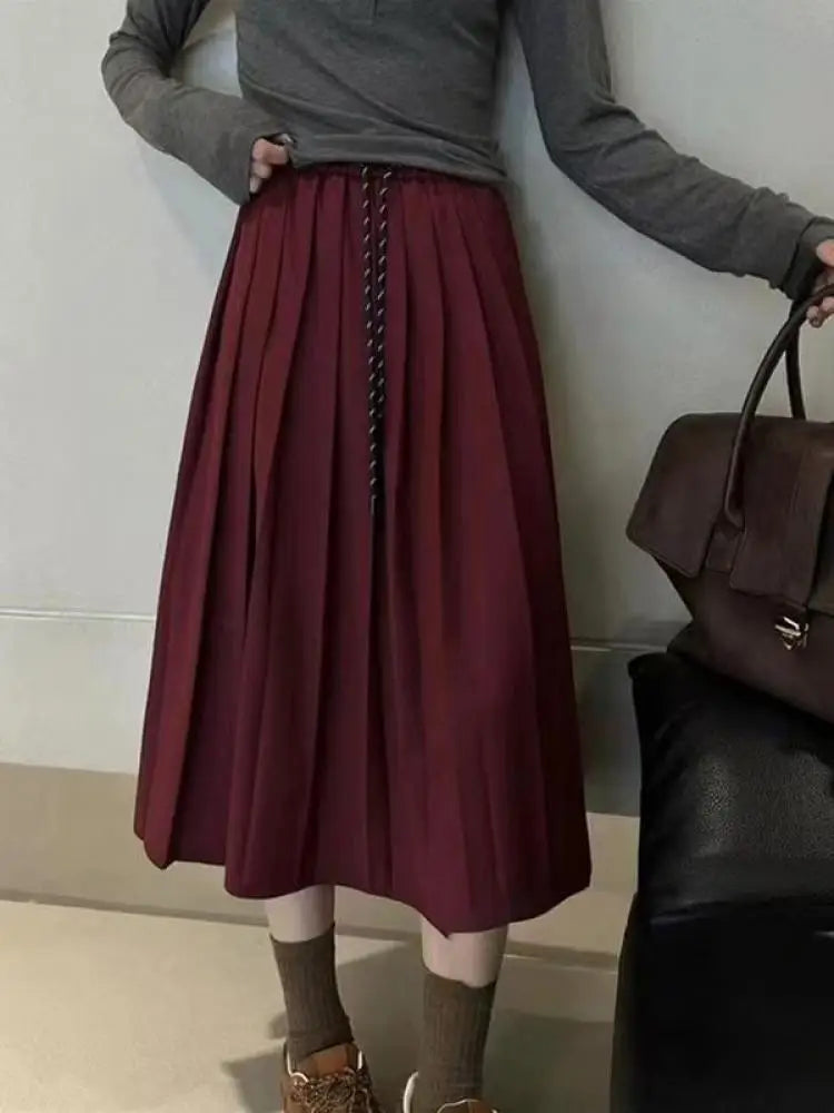 Autumn Women's Solid Color High Waist Pleated A Line Long Skirt Korean Fashion College Style Drawstring Lace-up Skirt 2024 Trend.