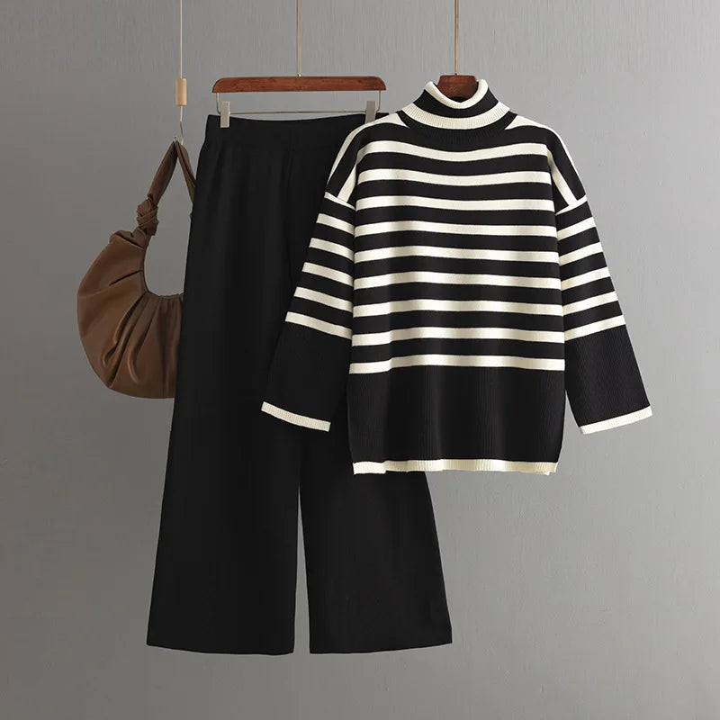 Muslim Women Knitting 2 Piece Sets Striped Sweater Pullover Top Wide Leg Pants Suit Outfits Knitwear Turtleneck Ensemble 2025.