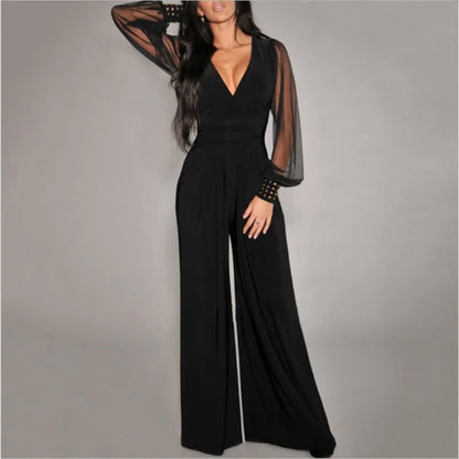 Autumn New Women's Jumpsuit Black V-neck Mesh Splicing Wide-leg Pant Female One-piece Jumpsuit Sexy Streetwear Clothes.