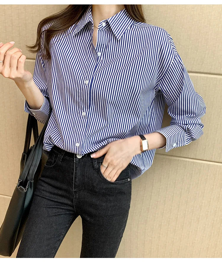 1pcs Woman Four Season Stripe Shirts Lady Casual Long Sleeve Turn-down Collar Loose Shirt Female Business Attire Korean Tops.