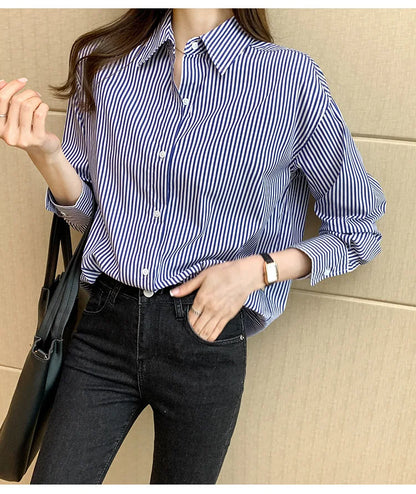 1pcs Woman Four Season Stripe Shirts Lady Casual Long Sleeve Turn-down Collar Loose Shirt Female Business Attire Korean Tops.