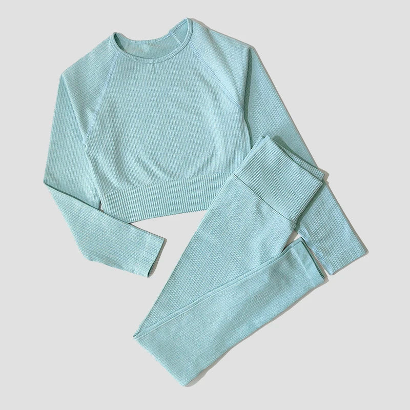 Women's Sportswear Yoga Set Workout Clothes Athletic Wear Sports Gym Legging Seamless Fitness Bra Crop Top Long Sleeve Yoga Suit