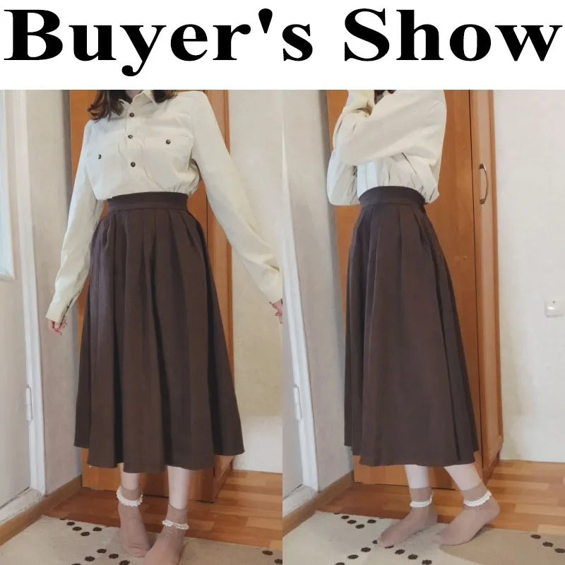Lucyever Vintage Brown High Waist Pleated Skirt Women Korean Fashion College Style Long Skirt Ladies Autumn Casual A line Skirts.