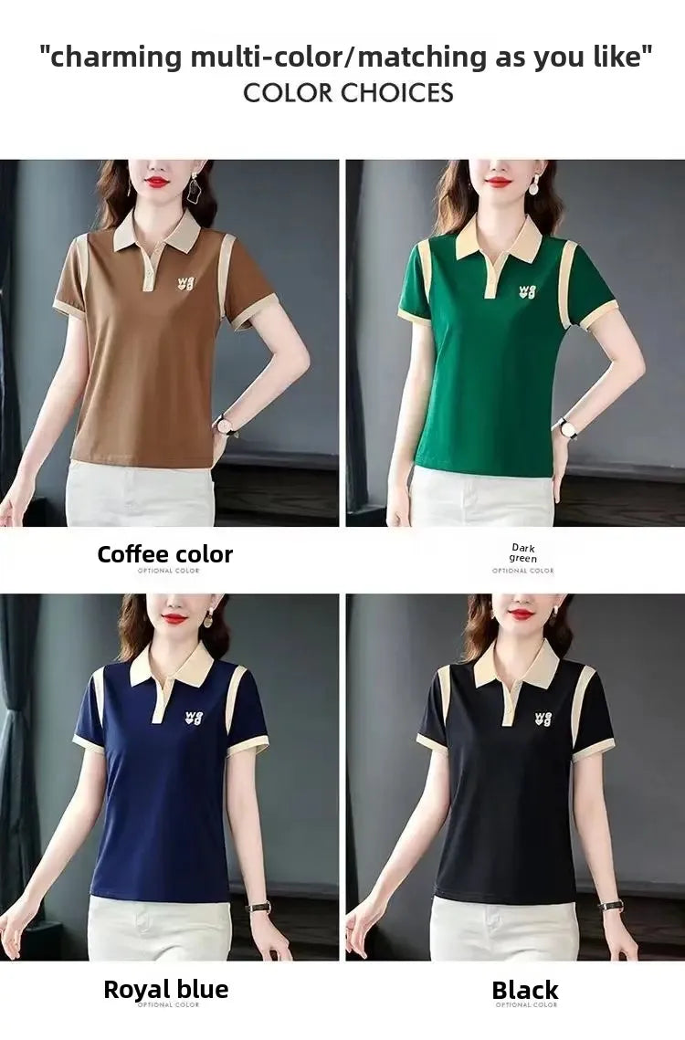 Fashionable Short Sleeve Polo Shirt Women's Summer Sporty Hong Kong Style Top High End Mixed Fabric Slim Fit T-Shirt.