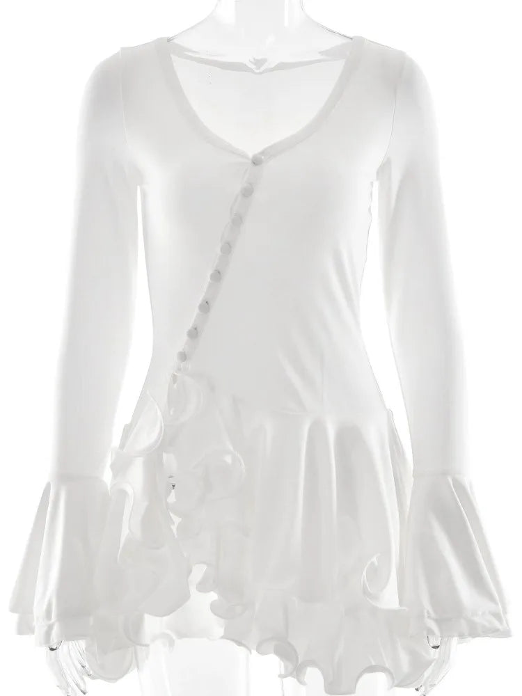 Sexy Unregelmäßige Tiefem V-ausschnitt Rüschen Mini Kleid Frauen Sommer Mode Rosa Ausgestellte Ärmel Low Cut Schlank Party Nachtclub Taste Kleider.