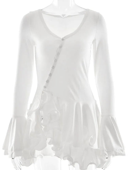 Sexy Unregelmäßige Tiefem V-ausschnitt Rüschen Mini Kleid Frauen Sommer Mode Rosa Ausgestellte Ärmel Low Cut Schlank Party Nachtclub Taste Kleider.