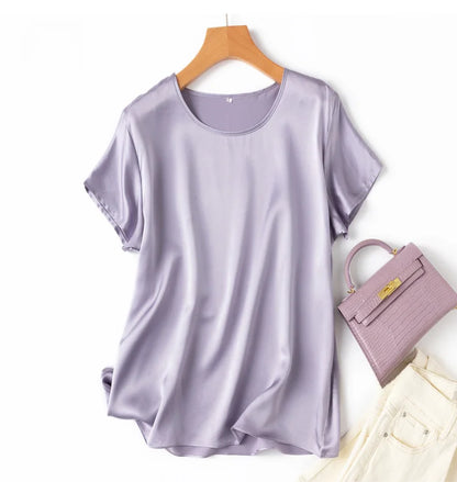 Women 100% Mulberry Silk 19 Momme half sleeve Crew Neck Top Shirt Blouse T-shirt More Colors M L XL MM4270