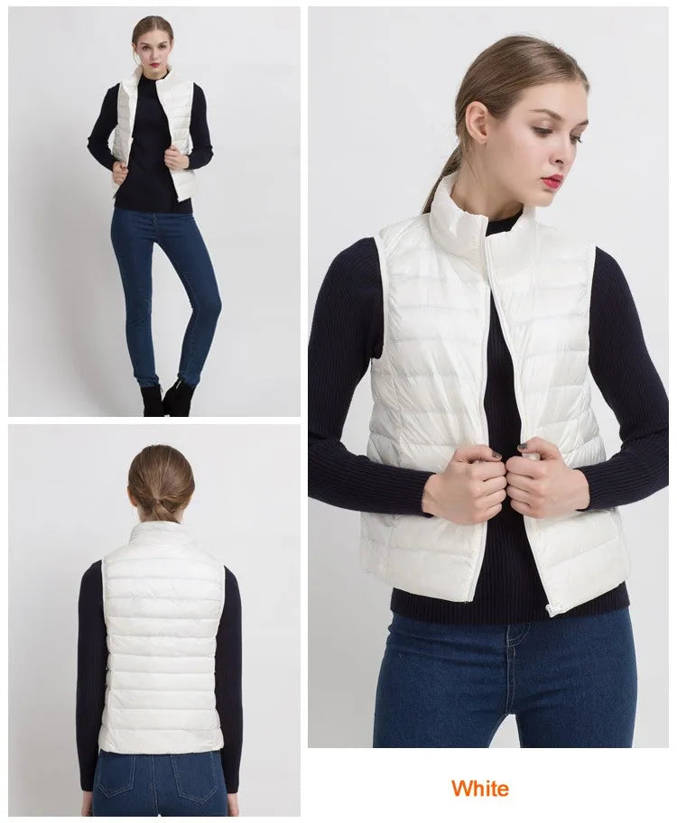 0-10 ℃   Frauen Westen Herbst Winter Ultra Licht Ente Unten Weste Weibliche Dünne Ärmellose Jacke Winddicht Warme Puffer Weste 4XL
