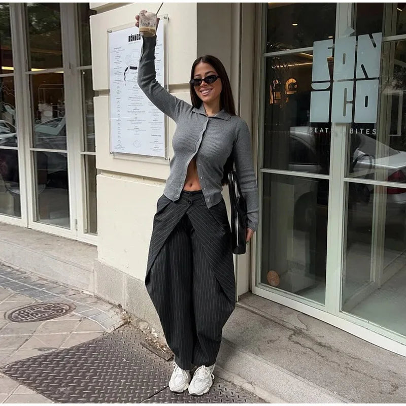 Chic Zwei Tasten Gestreiften Gefaltete Hosen Frauen Lose Taschen Breite Bein Hosen Weibliche 2026 Frühling Dame Pendeln Alle-spiel hose Neue