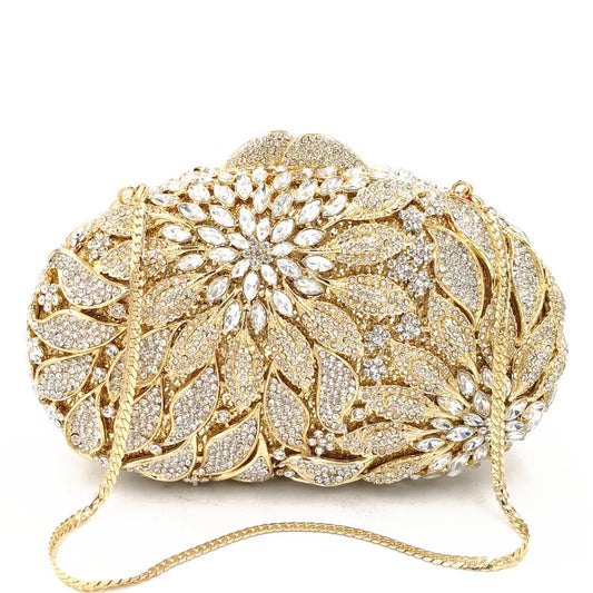 Gold Metal Leaves White Crystals Evening Clutch Bags Luxury Women Wedding Party Purse Ball Handbags Rhinestone Mini heart bag.