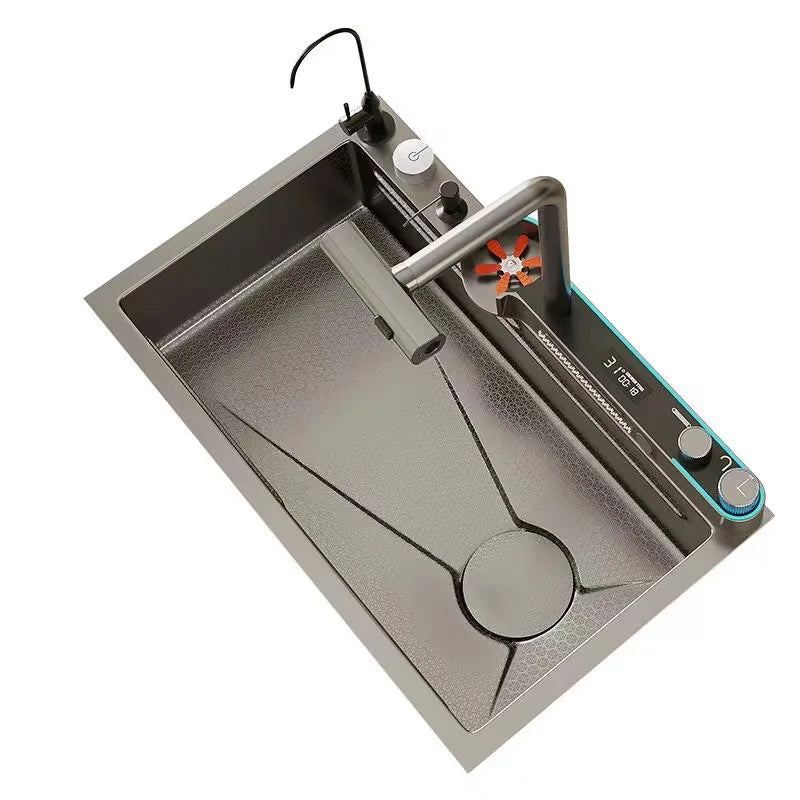 Digitalanzeige, Wasserfall, Einzelschlitz, Nano-Spüle aus Edelstahl 304, Geschirrspülen, Küche, multifunktionales Gemüsewaschbecken