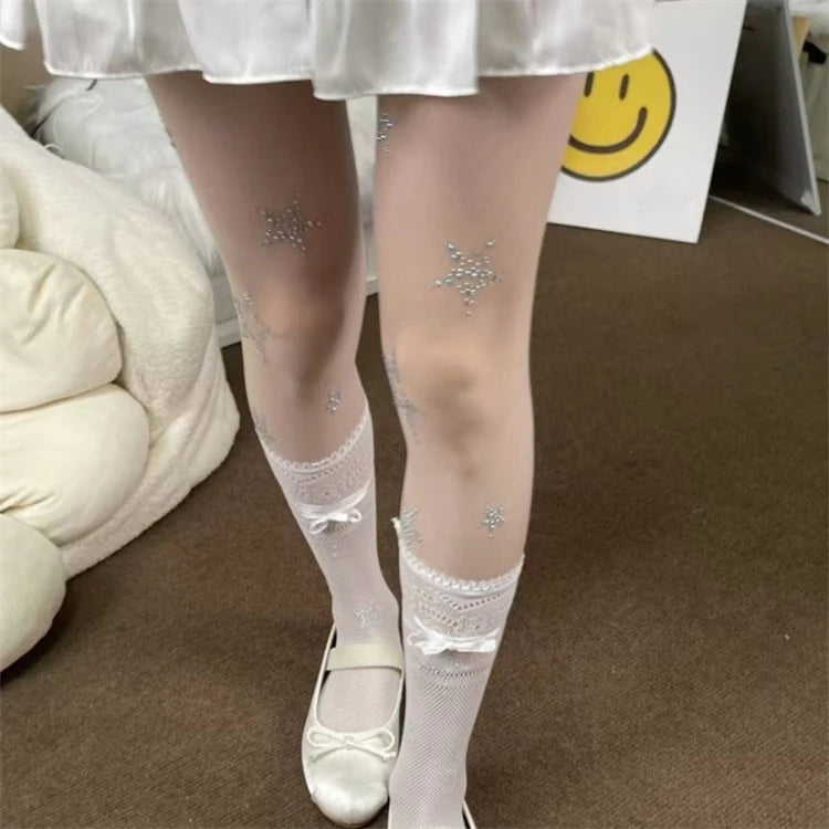 LOTDOOTN Y2K Tights Silver Star Print Pantyhose Women Girl Japanese Mesh Transparent Pantyhose Bow Star Tights Stockings Lolita.