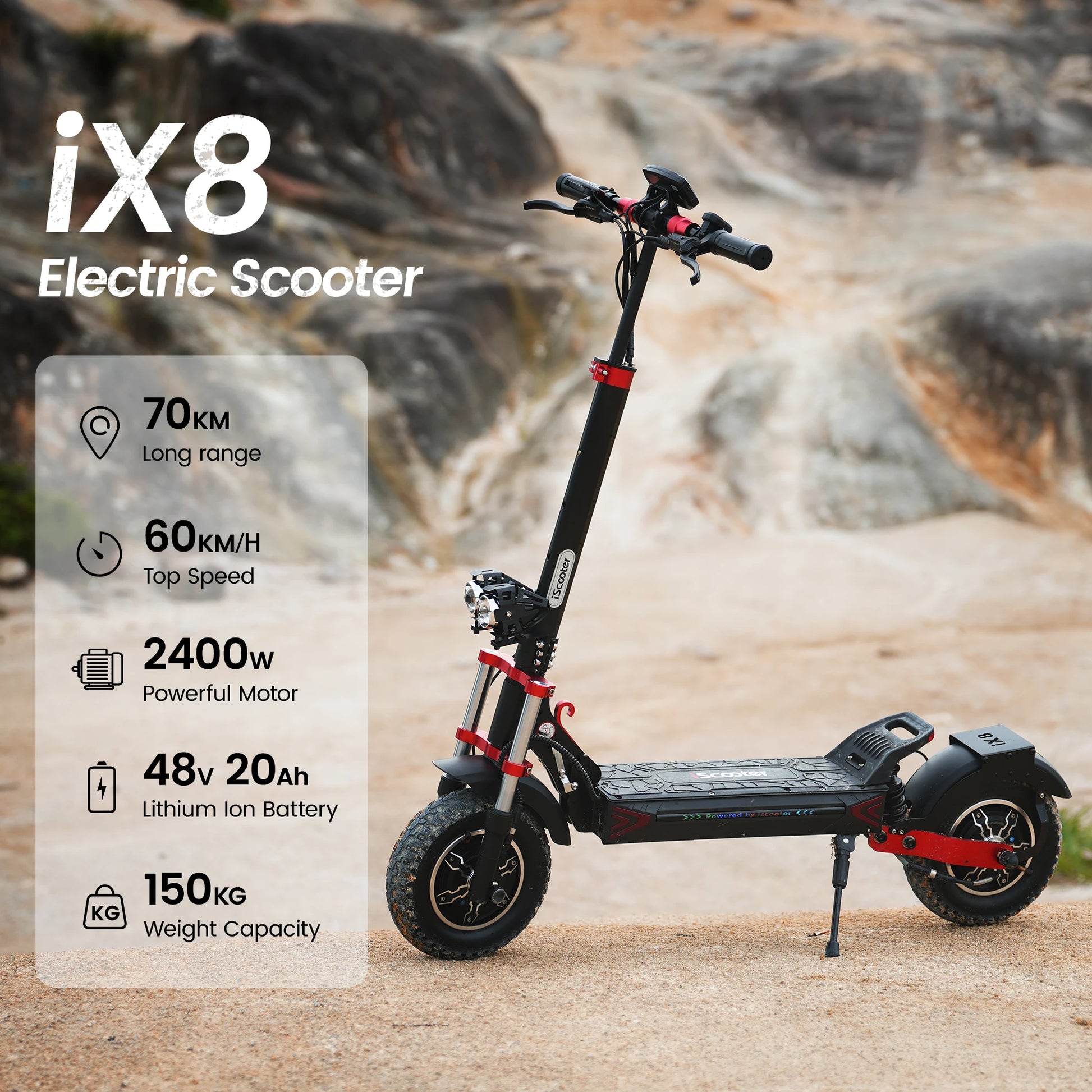 iScooter IX8 Foldable Electric Kick Scooter for Adults, 60km/h Speed, 2400W Power, 48V Voltage 20Ah Battery.