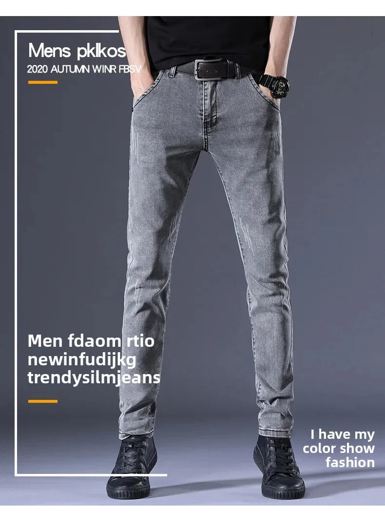 Slim Fit Men's Jeans Casual Elastic Korean Style Autumn Grey Trendy Long Pants Versatile Slim Legged Casual Trousers.