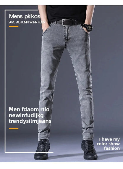 Slim Fit Men's Jeans Casual Elastic Korean Style Autumn Grey Trendy Long Pants Versatile Slim Legged Casual Trousers.